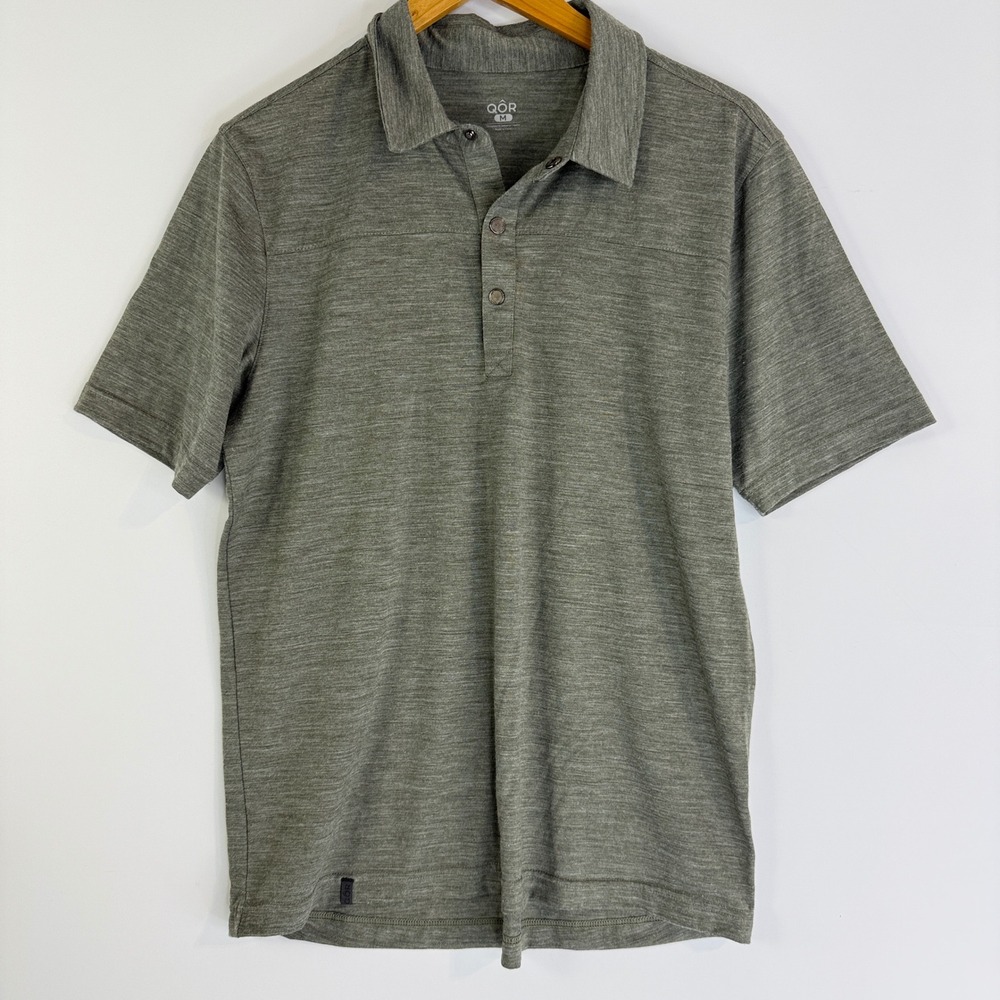 QOR Polo Shirt Mens M Olive Green Merino Wool Blend Snap Placket Performance
